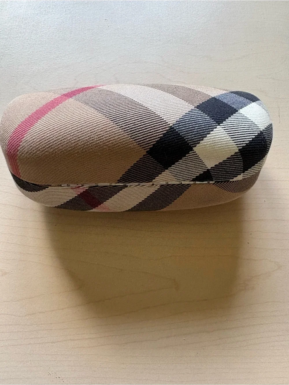 Burberry Tan Plaid Glasses Case with Pink and Black Stripes